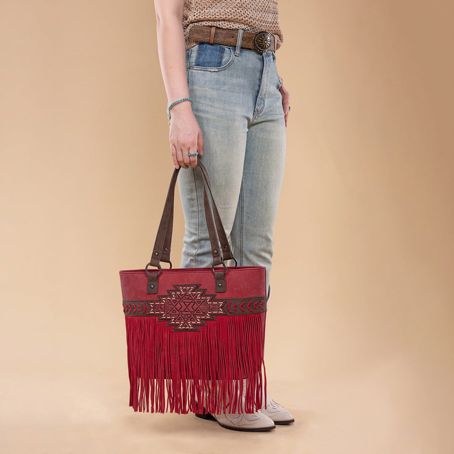 TR196G-8317  Trinity Ranch  Aztec Tooled Fringe Concealed Carry Tote