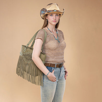 TR196G-8317  Trinity Ranch  Aztec Tooled Fringe Concealed Carry Tote