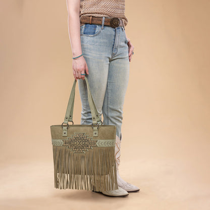 TR196G-8317  Trinity Ranch  Aztec Tooled Fringe Concealed Carry Tote