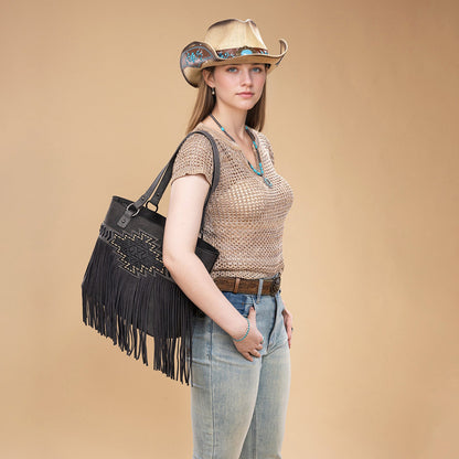 TR196G-8317  Trinity Ranch  Aztec Tooled Fringe Concealed Carry Tote