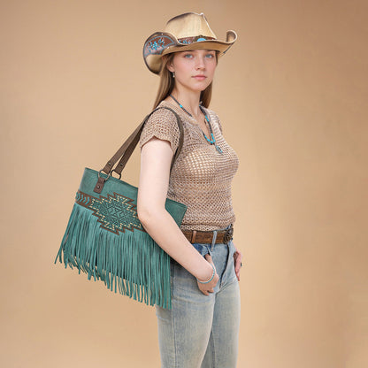 TR196G-8317  Trinity Ranch  Aztec Tooled Fringe Concealed Carry Tote