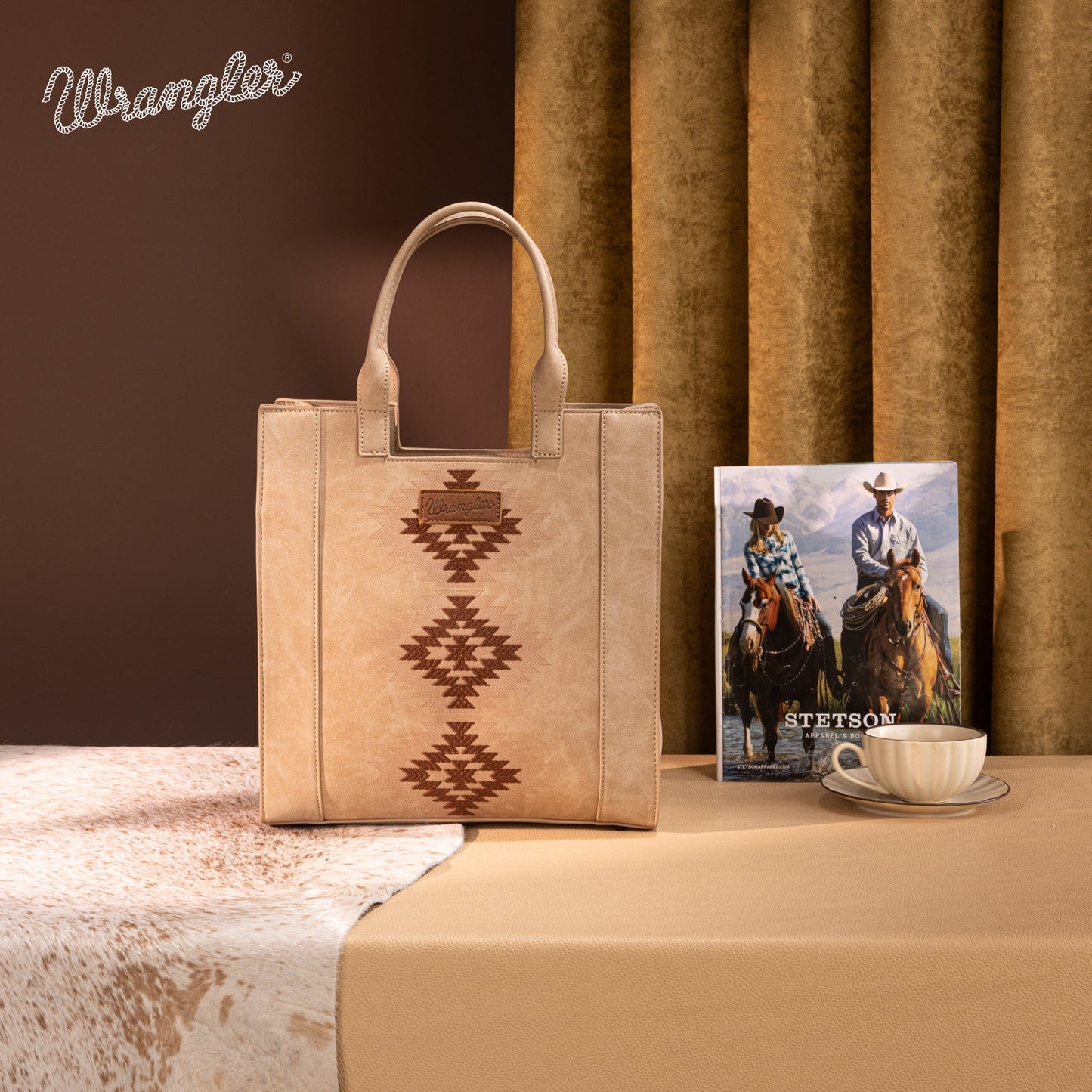 WG218-8900  Wrangler Aztec Embroidered Tote Bag/Crossbody- Tan