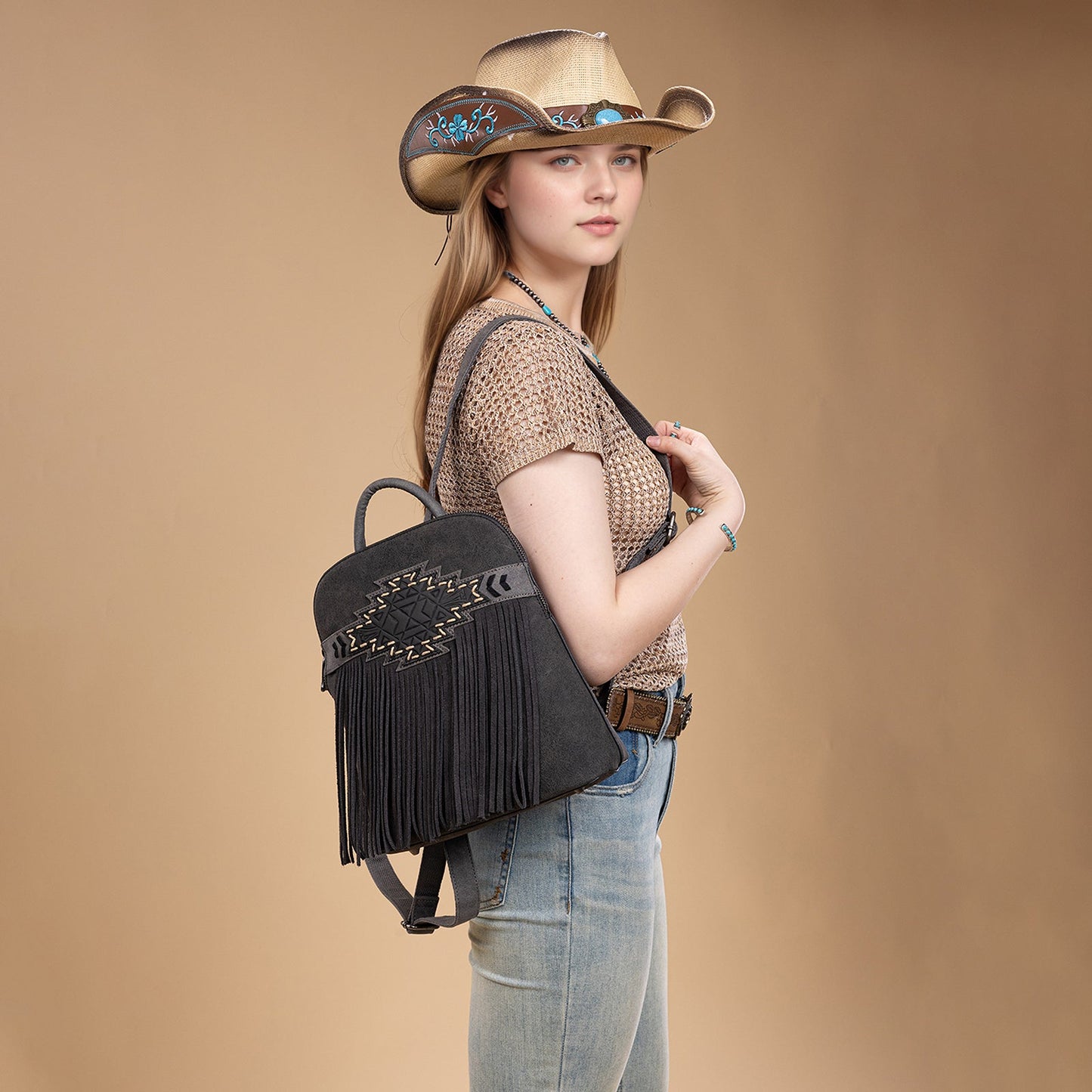 TR196G-9115  Trinity Ranch Aztec Tooled Fringe Concealed Carry Backpack