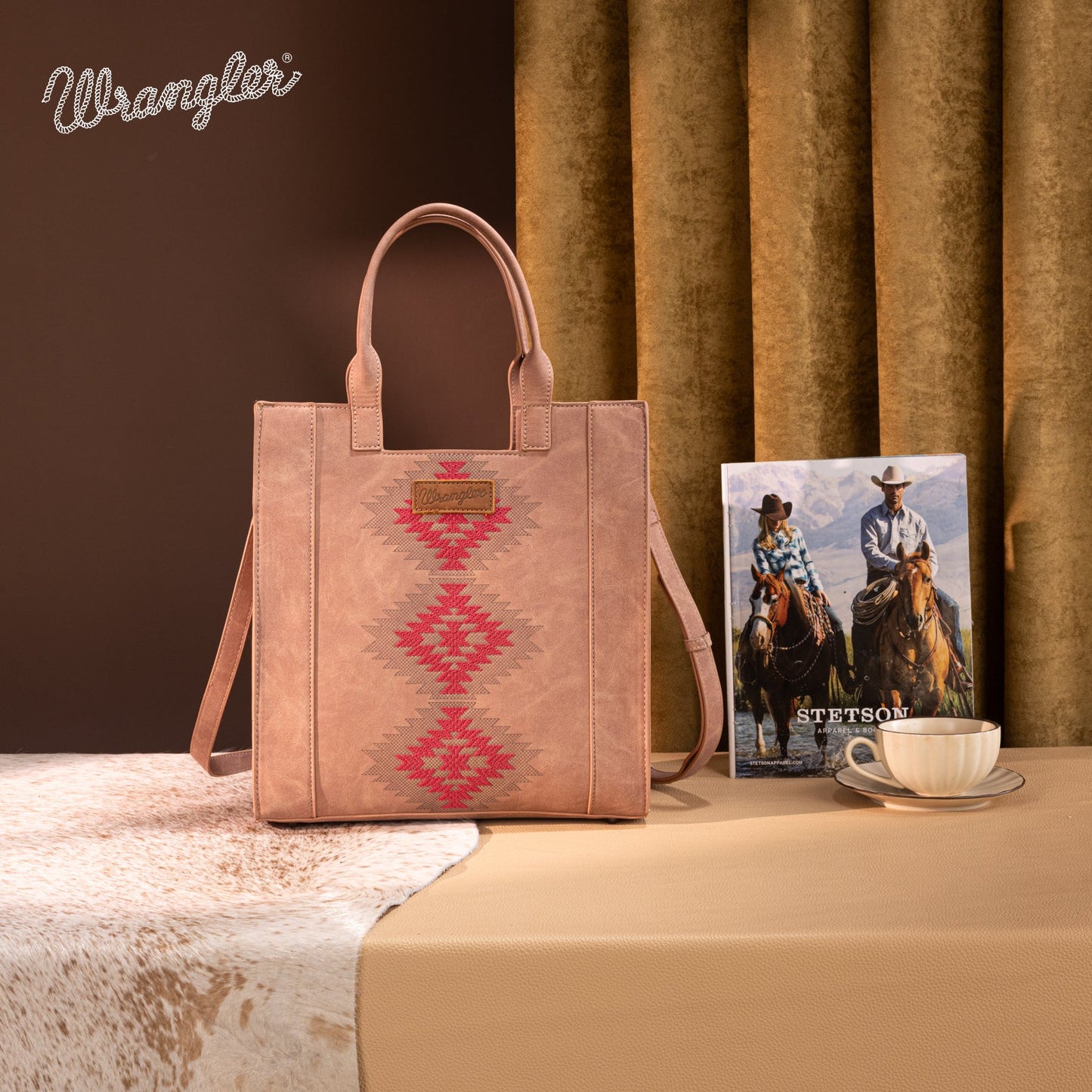 WG218-8900  Wrangler Aztec Embroidered Tote Bag/Crossbody- Dark Pink