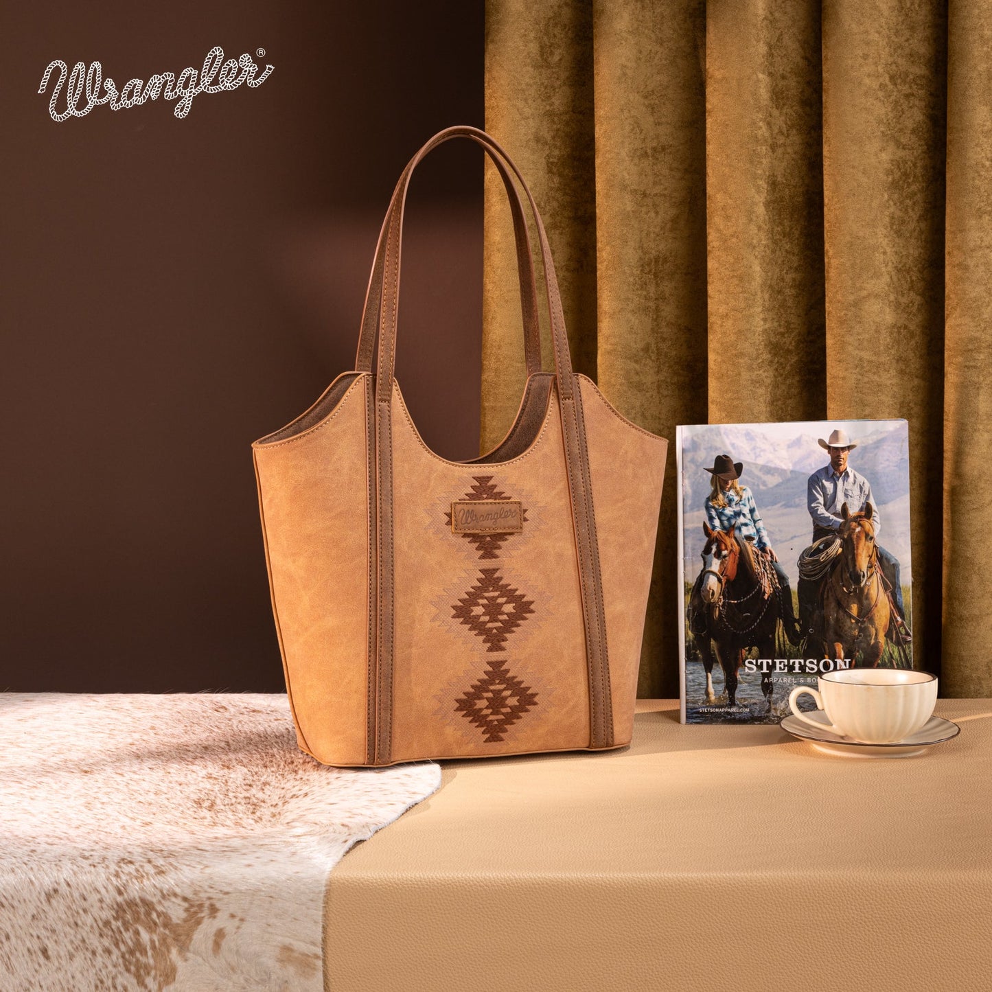 WG218-8250  Wrangler Aztec Embroidered Tote Bag- Brown