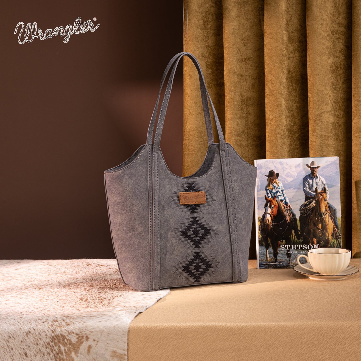 WG218-8250  Wrangler Aztec Embroidered Tote Bag- Black