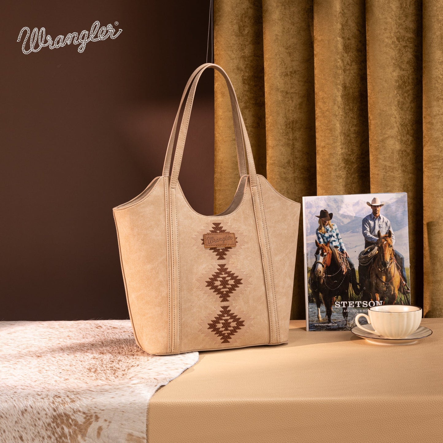 WG218-8250  Wrangler Aztec Embroidered Tote Bag- Tan