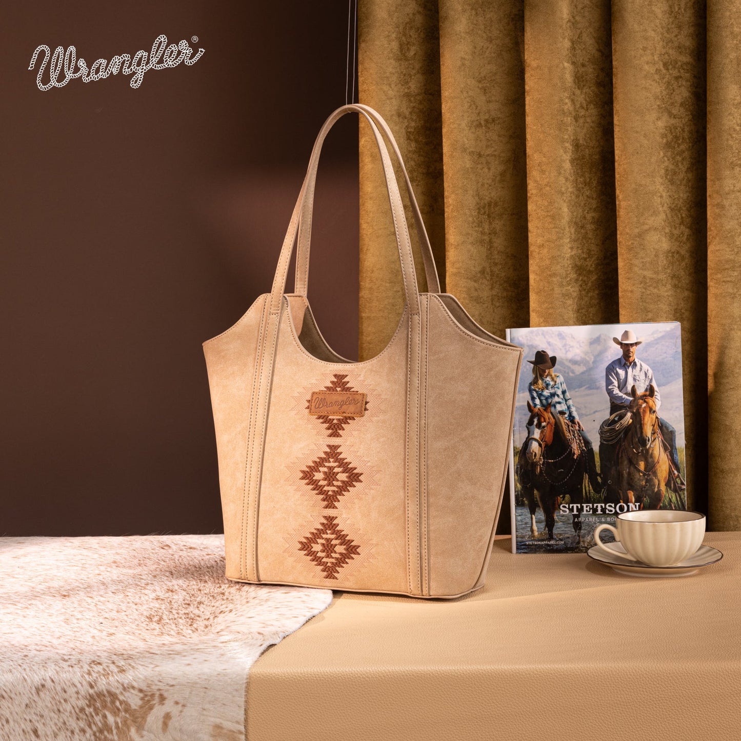 WG218-8250  Wrangler Aztec Embroidered Tote Bag- Tan