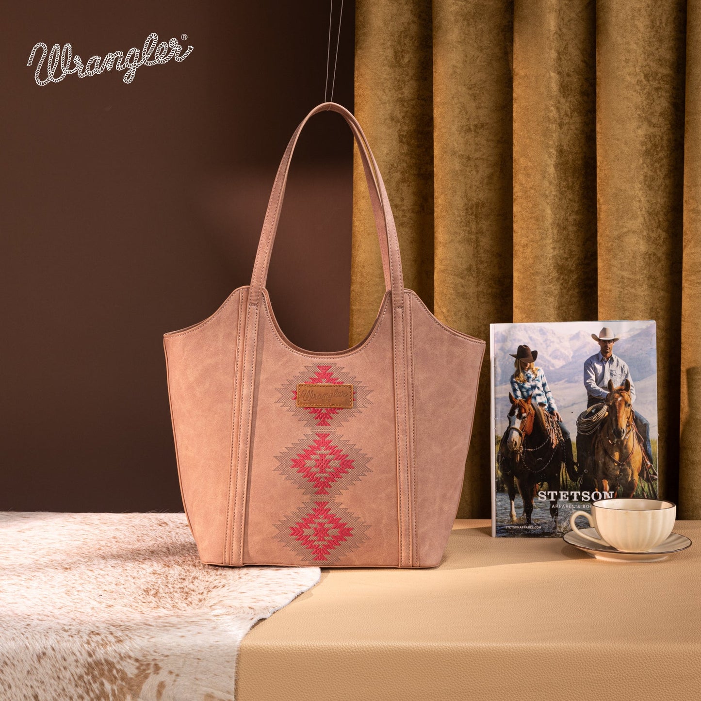 WG218-8250  Wrangler Aztec Embroidered Tote Bag- Dark Pink