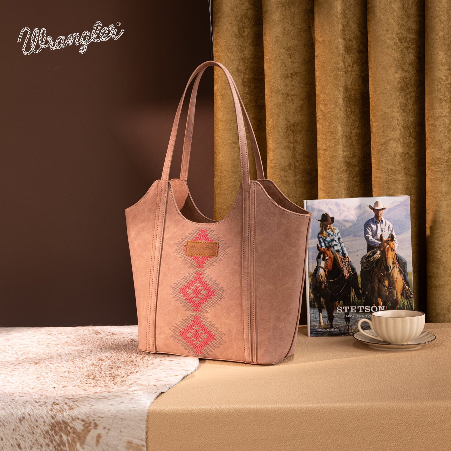WG218-8250  Wrangler Aztec Embroidered Tote Bag- Dark Pink