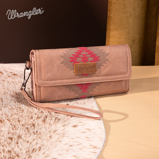 WG218-W068  Wrangler Aztec Embroidered  Wallet/Wristlet -Dark Pink