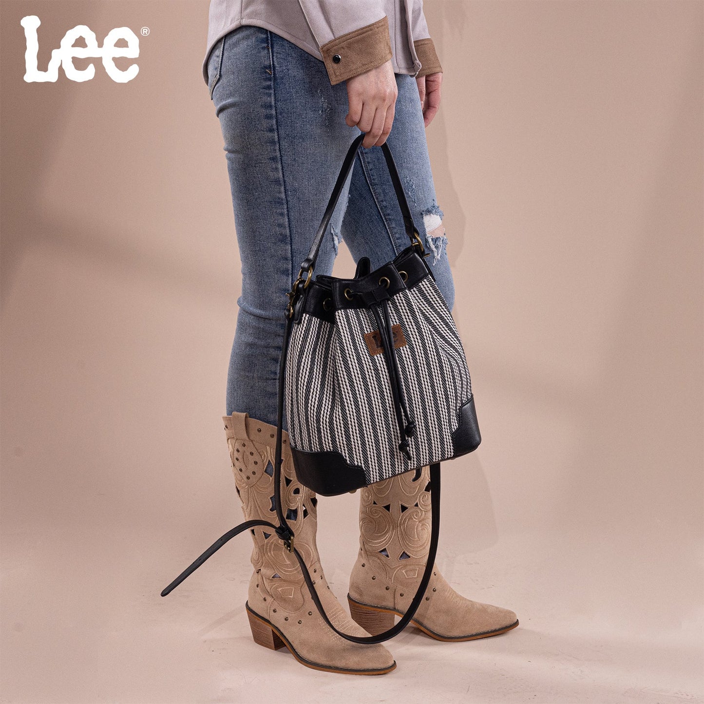 LEE55-006    LEE Stripe Collection Drawstring Bucket Crossbody Bag