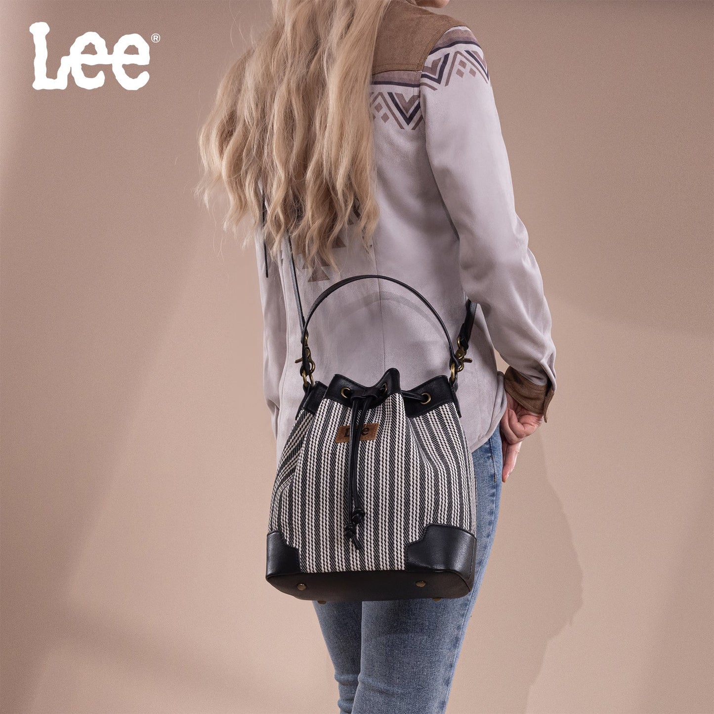 LEE55-006    LEE Stripe Collection Drawstring Bucket Crossbody Bag