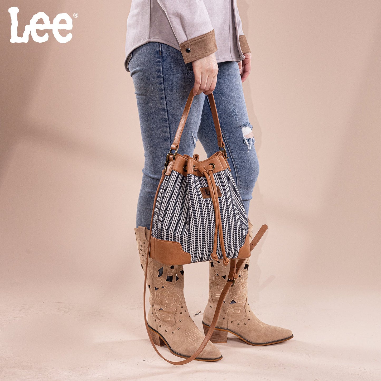 LEE55-006    LEE Stripe Collection Drawstring Bucket Crossbody Bag