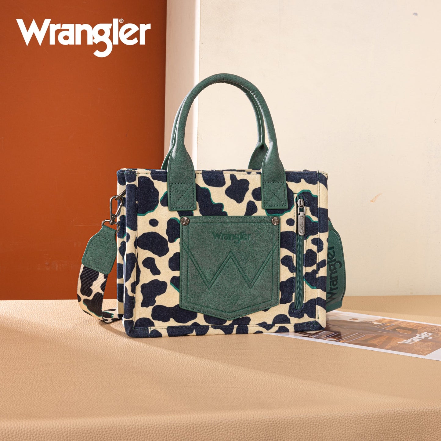 WG264-8120DTQ  Wrangler Cow Print Concealed Carry Tote/Crossbody -Dark Turquoise