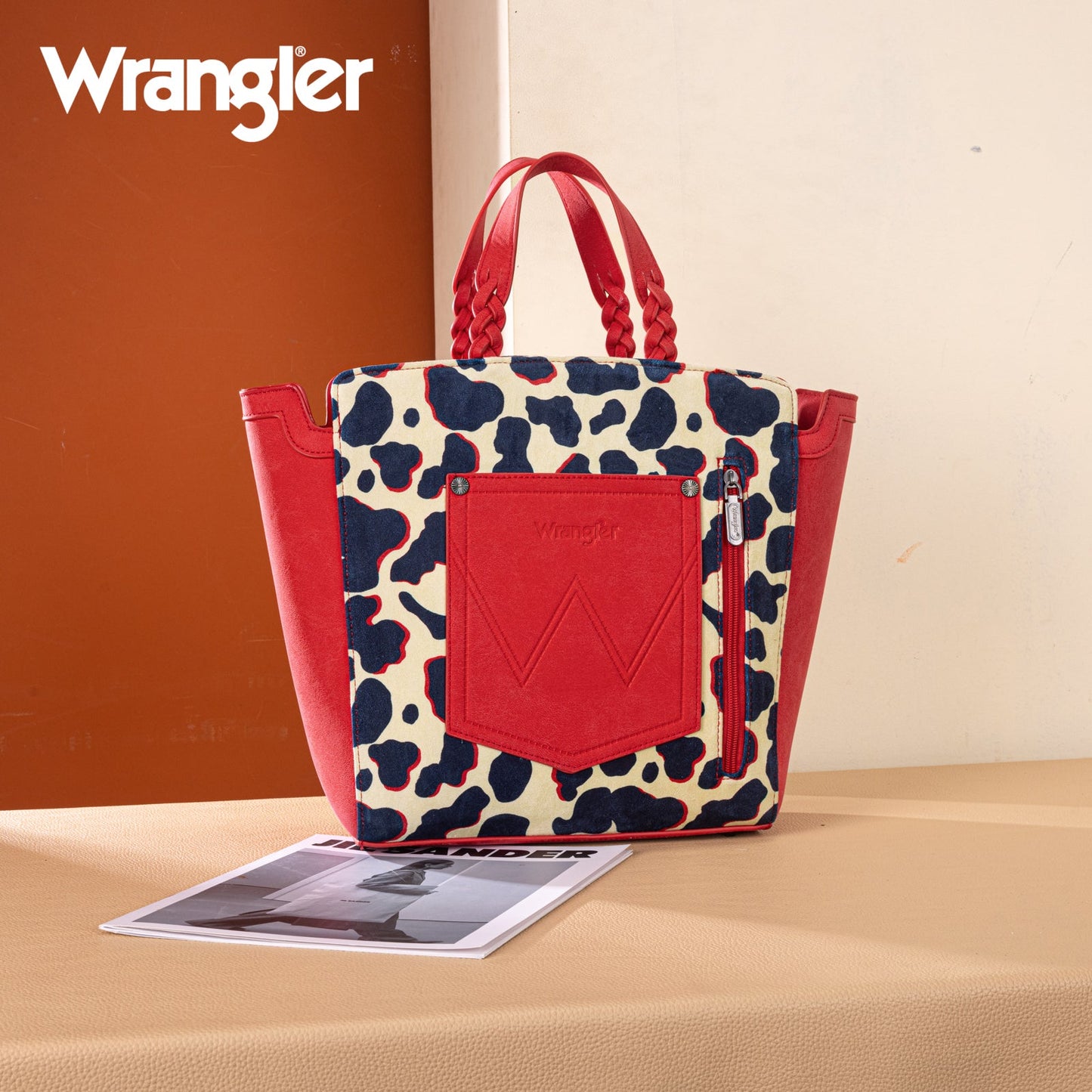WG264-8014RD  Wrangler Cow Print Concealed Carry Tote/Crossbody - Red