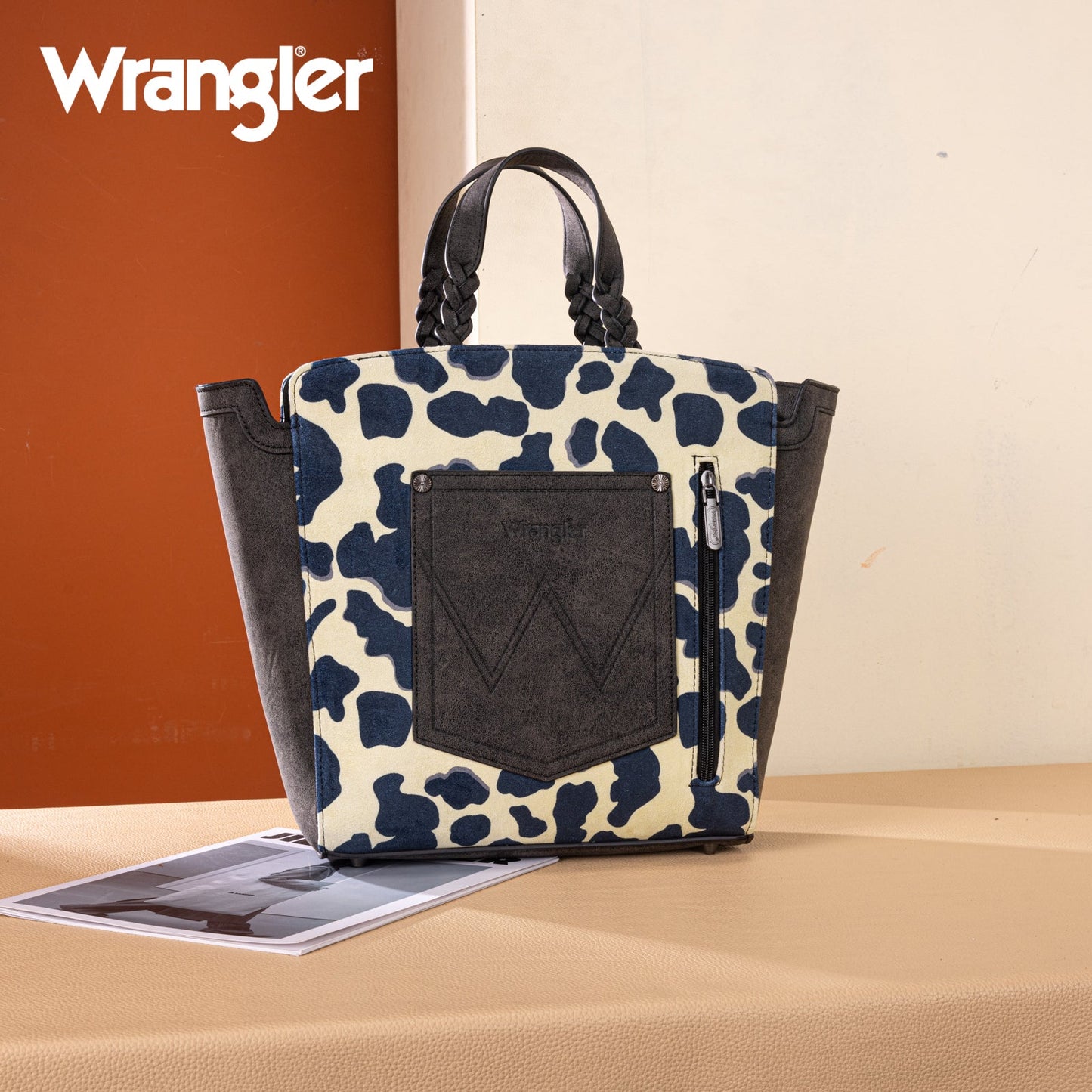 WG264-8014BK  Wrangler Cow Print Concealed Carry Tote/Crossbody - Black