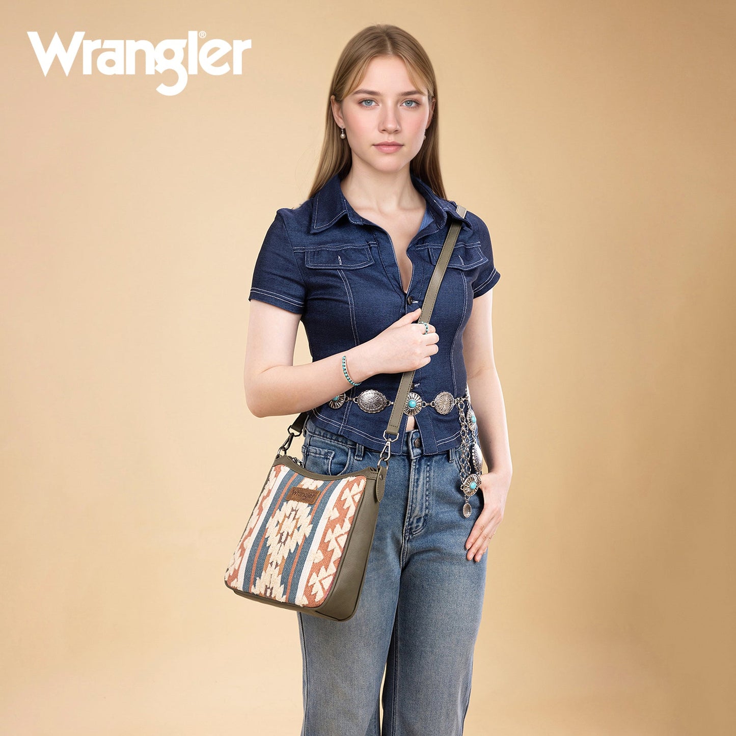 WG313-2003   Wrangler Sherpa Aztec Canvas Crossbody - Green