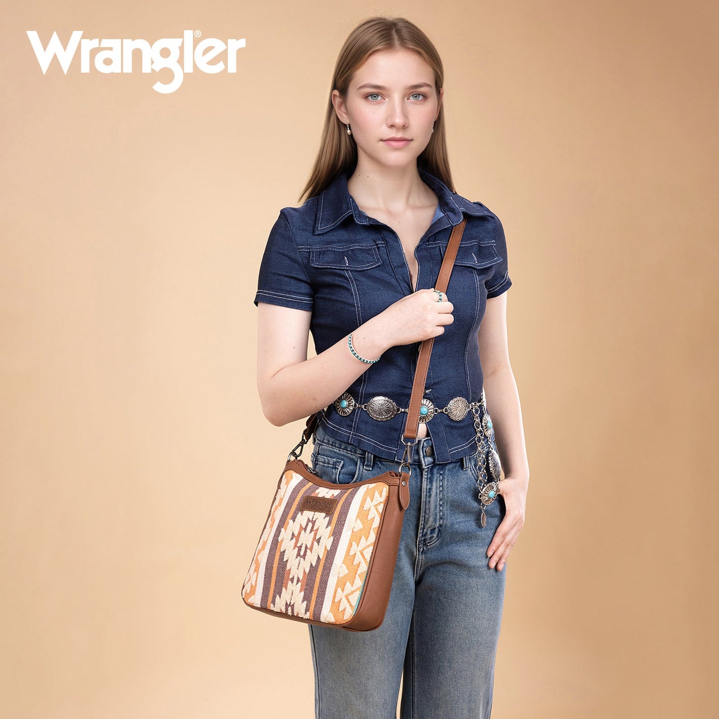 WG313-2003   Wrangler Sherpa Aztec Canvas Crossbody - Brown