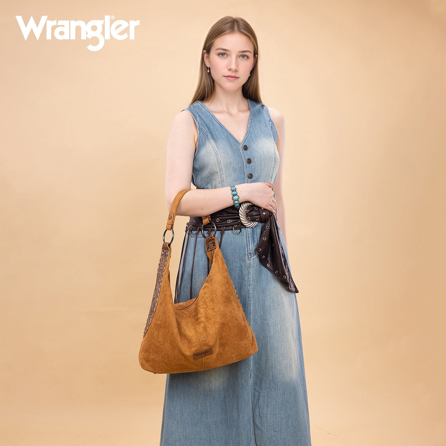 WG276-9182  Wrangler Floral Tooled Hobo Bag with Pouch-Brown