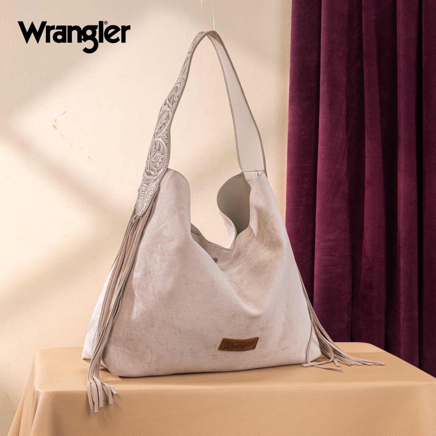 WG239-9182  Wrangler Fringe Floral Tooled Hobo Bag - Beige