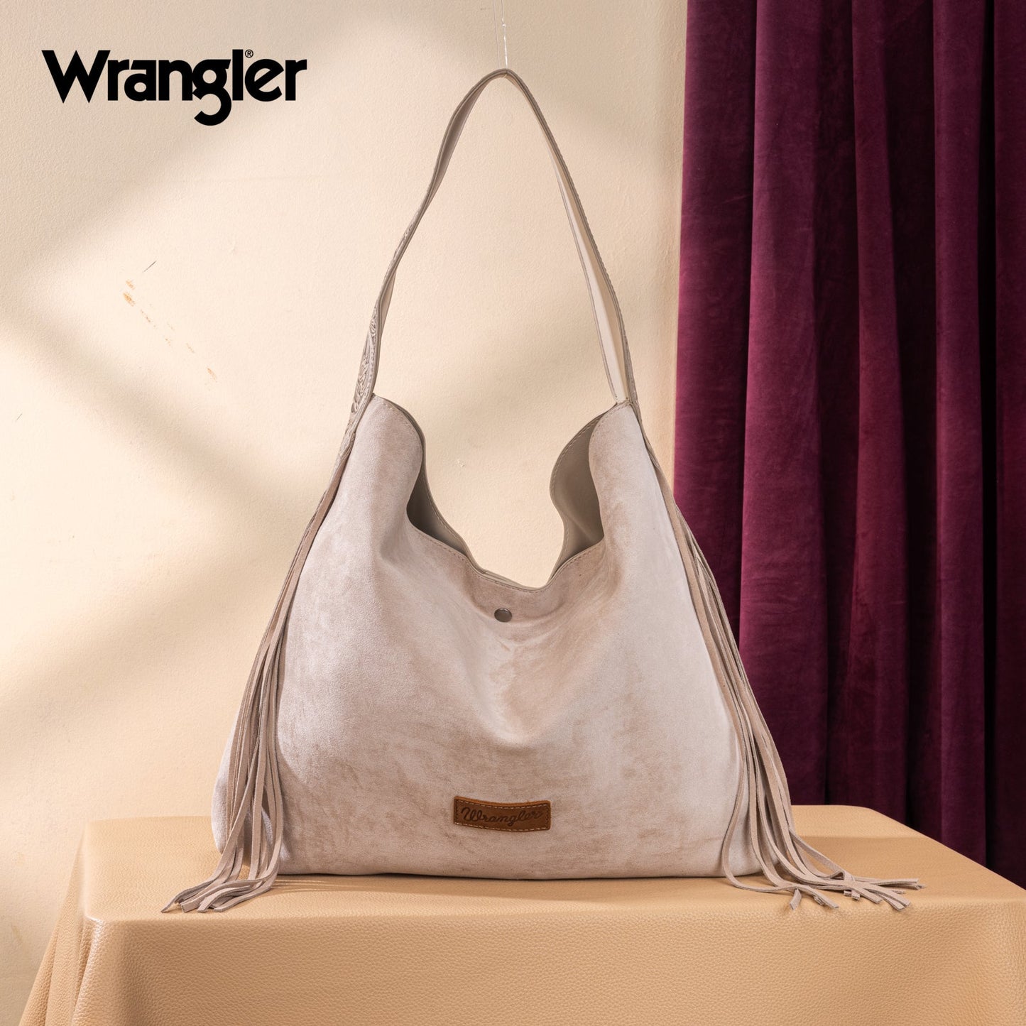 WG239-9182  Wrangler Fringe Floral Tooled Hobo Bag - Beige