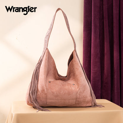 WG239-9182  Wrangler Fringe Floral Tooled Hobo Bag- Dark Pink