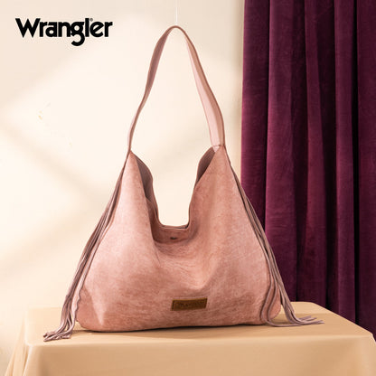 WG239-9182  Wrangler Fringe Floral Tooled Hobo Bag- Dark Pink