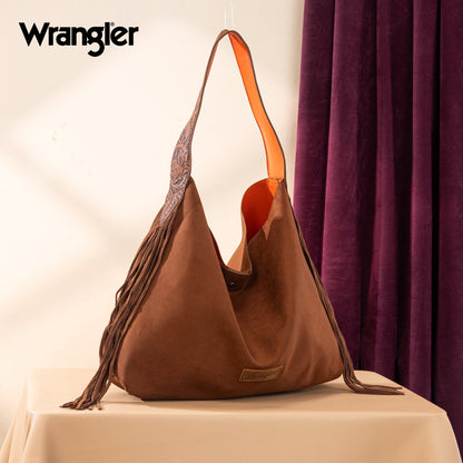WG239-9182  Wrangler Fringe Floral Tooled Hobo Bag-Brown-Orange