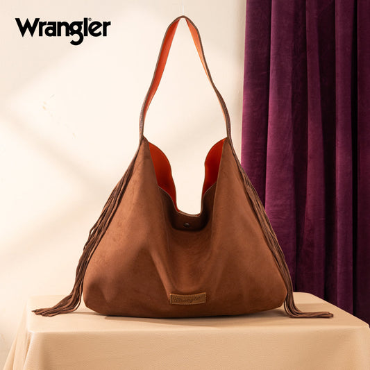 WG239-9182  Wrangler Fringe Floral Tooled Hobo Bag-Brown-Orange