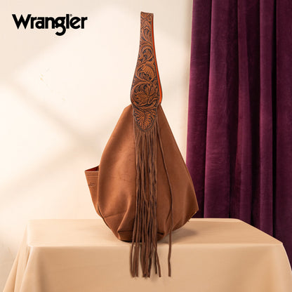 WG239-9182  Wrangler Fringe Floral Tooled Hobo Bag-Brown-Orange