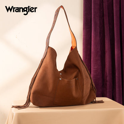 WG239-9182  Wrangler Fringe Floral Tooled Hobo Bag-Brown-Orange