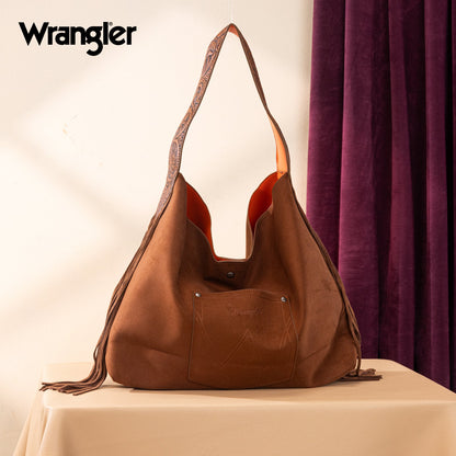 WG239-9182  Wrangler Fringe Floral Tooled Hobo Bag-Brown-Orange