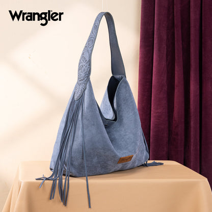 WG239-9182  Wrangler Fringe Floral Tooled Hobo Bag-Jean