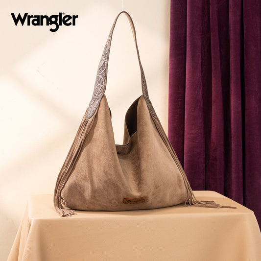 WG239-9182  Wrangler Fringe Floral Tooled Hobo Bag-Khaki