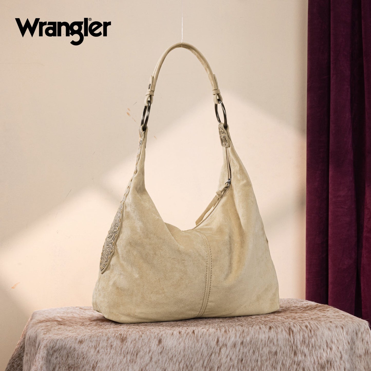 WG276-9182  Wrangler Floral Tooled Hobo Bag with Pouch-Beige