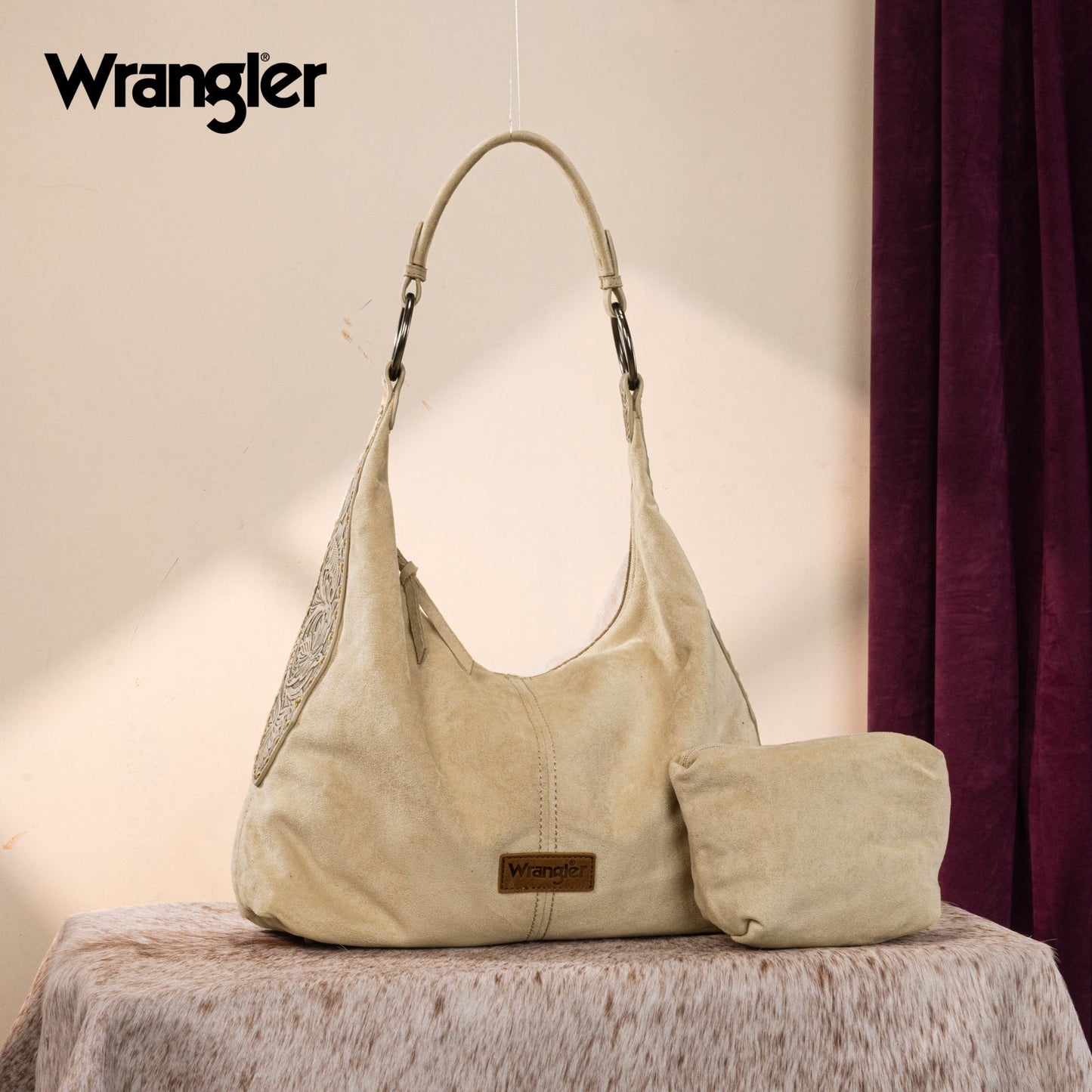 WG276-9182  Wrangler Floral Tooled Hobo Bag with Pouch-Beige