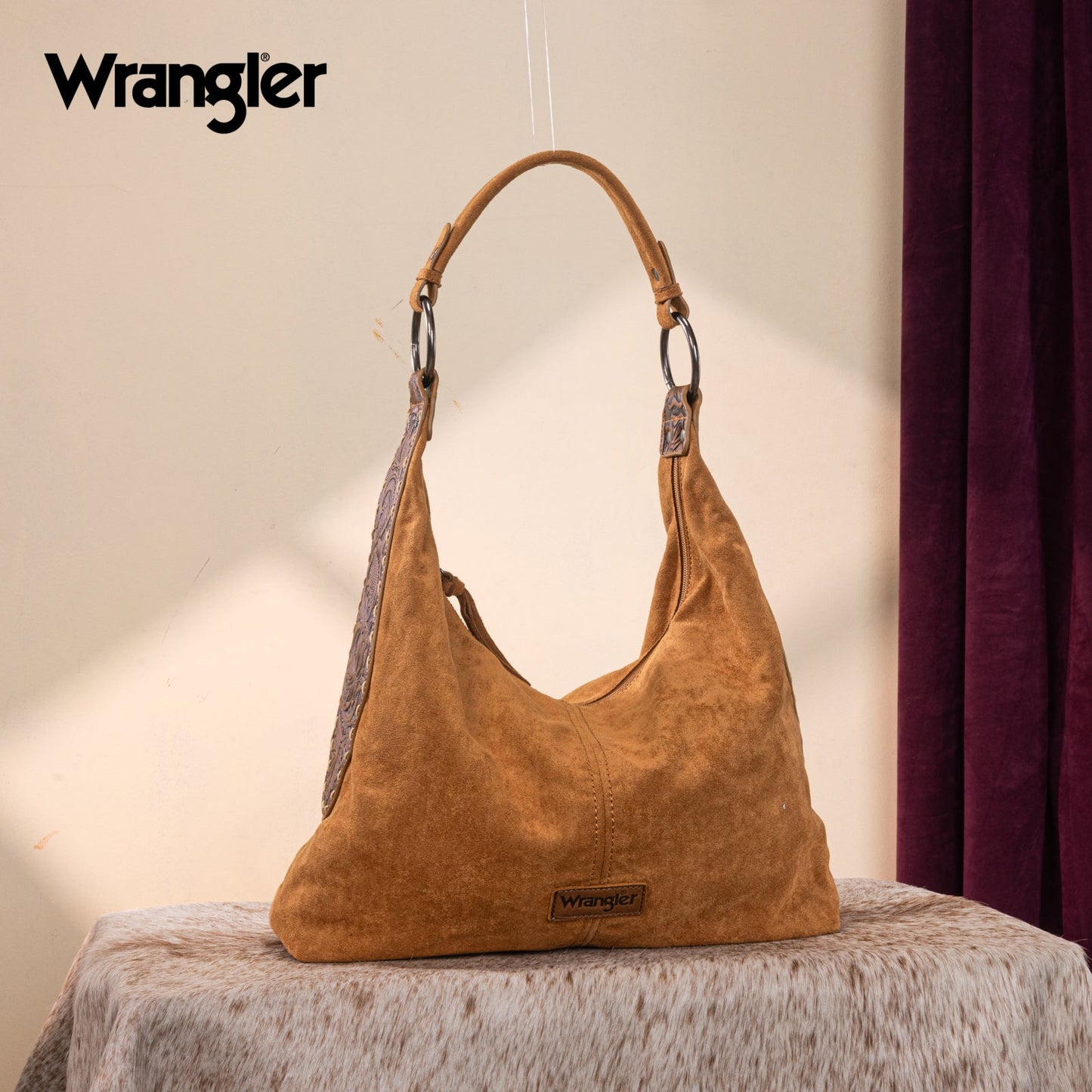 WG276-9182  Wrangler Floral Tooled Hobo Bag with Pouch-Brown