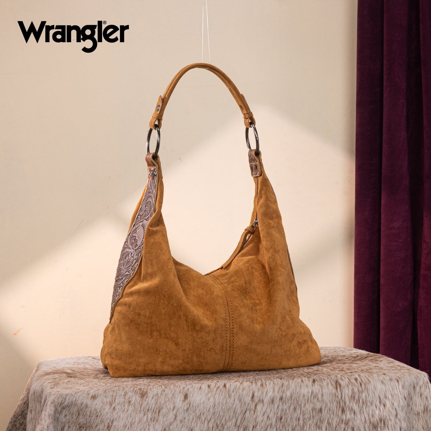 WG276-9182  Wrangler Floral Tooled Hobo Bag with Pouch-Brown
