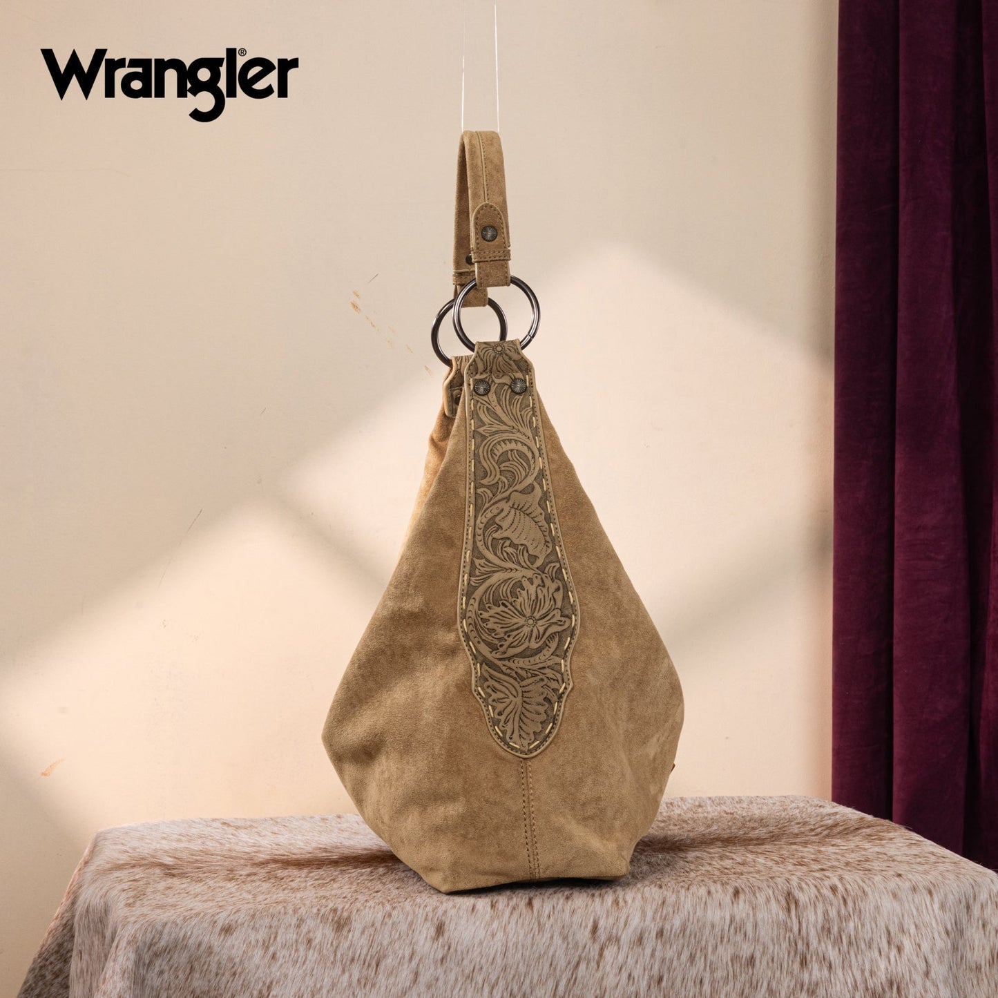 WG276-9182  Wrangler Floral Tooled Hobo Bag with Pouch-Khaki