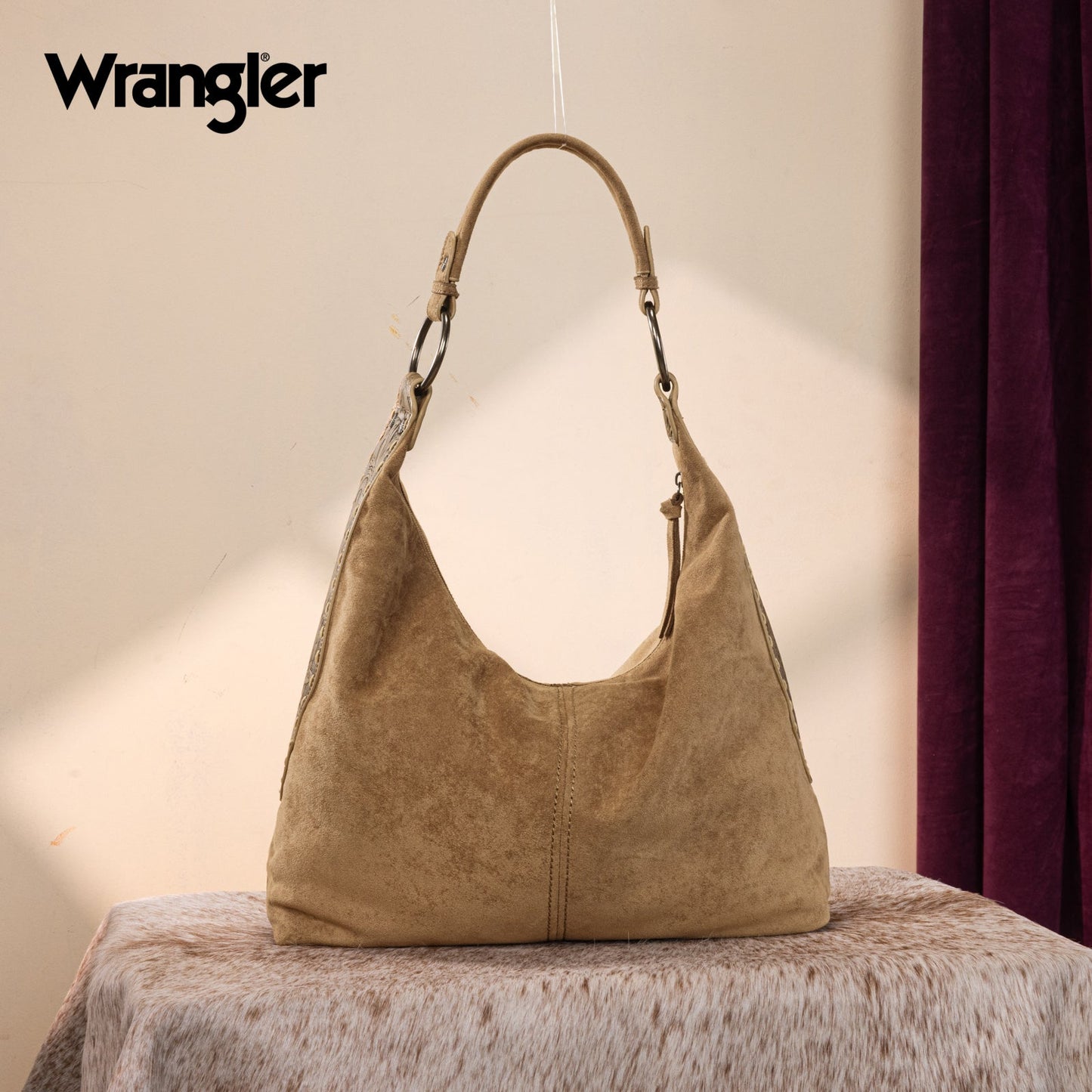 WG276-9182  Wrangler Floral Tooled Hobo Bag with Pouch-Khaki