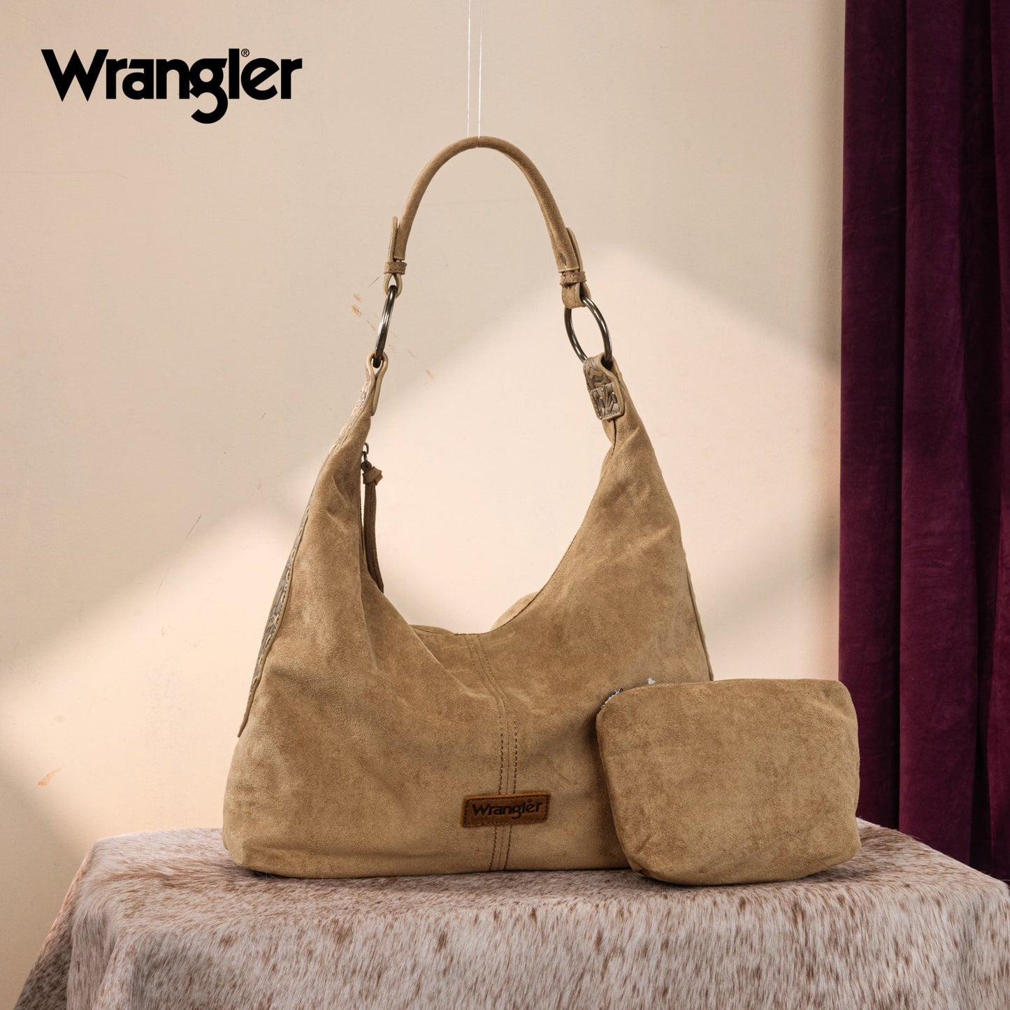 WG276-9182  Wrangler Floral Tooled Hobo Bag with Pouch-Khaki