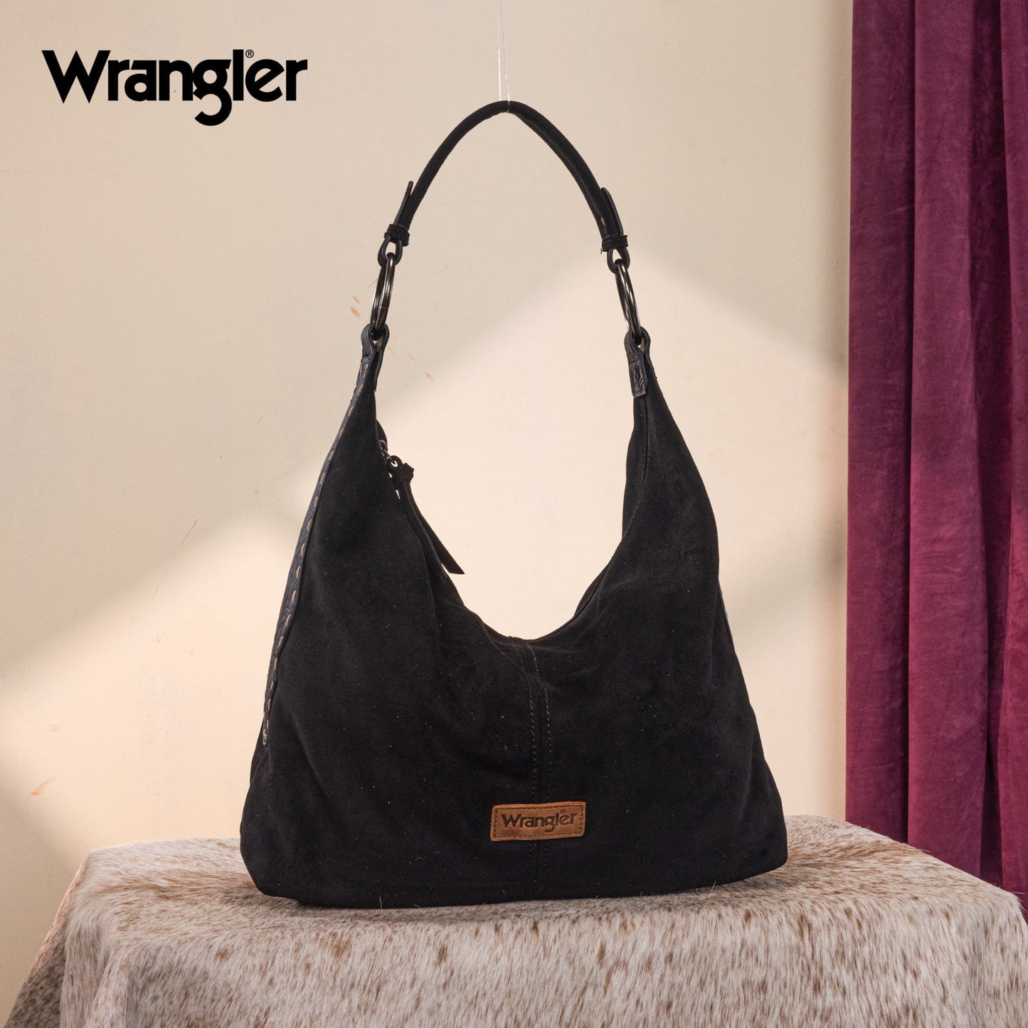 WG276-9182  Wrangler Floral Tooled Hobo Bag with Pouch-Black