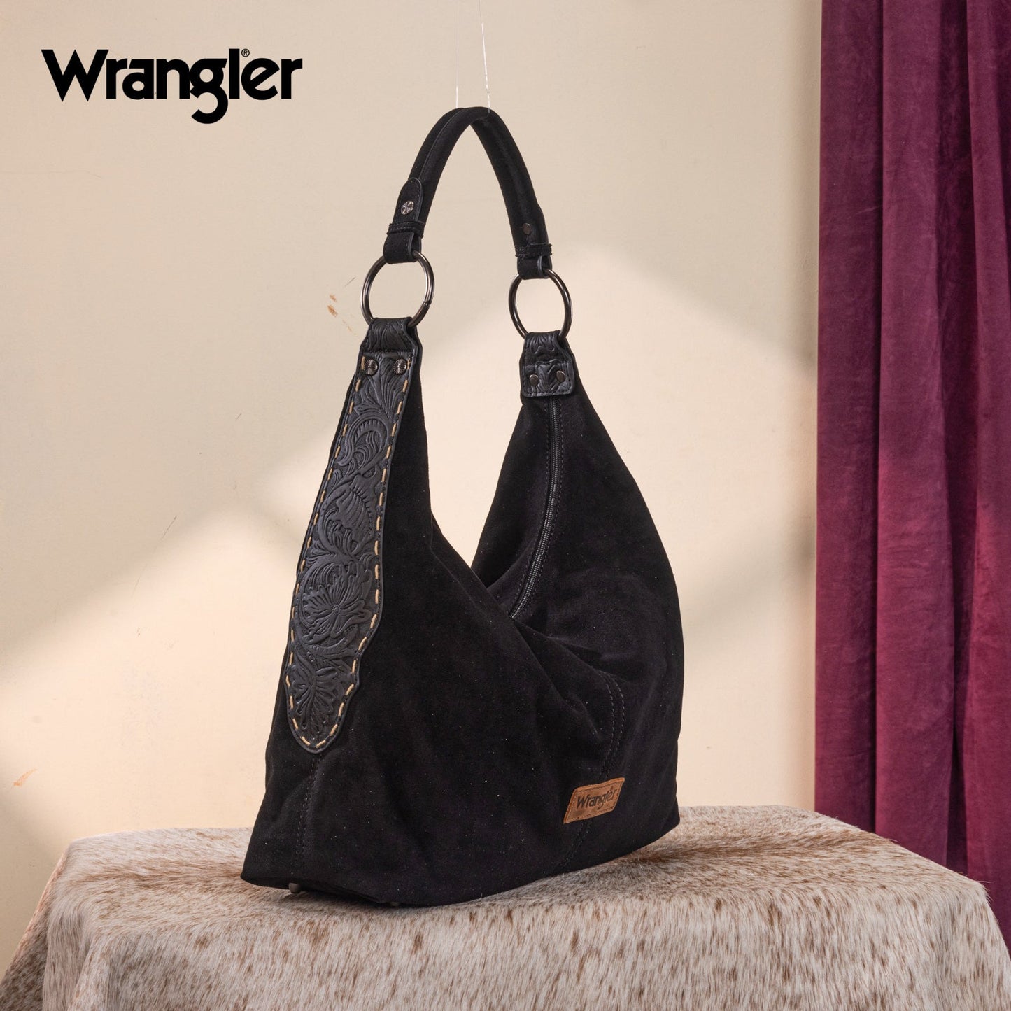 WG276-9182  Wrangler Floral Tooled Hobo Bag with Pouch-Black