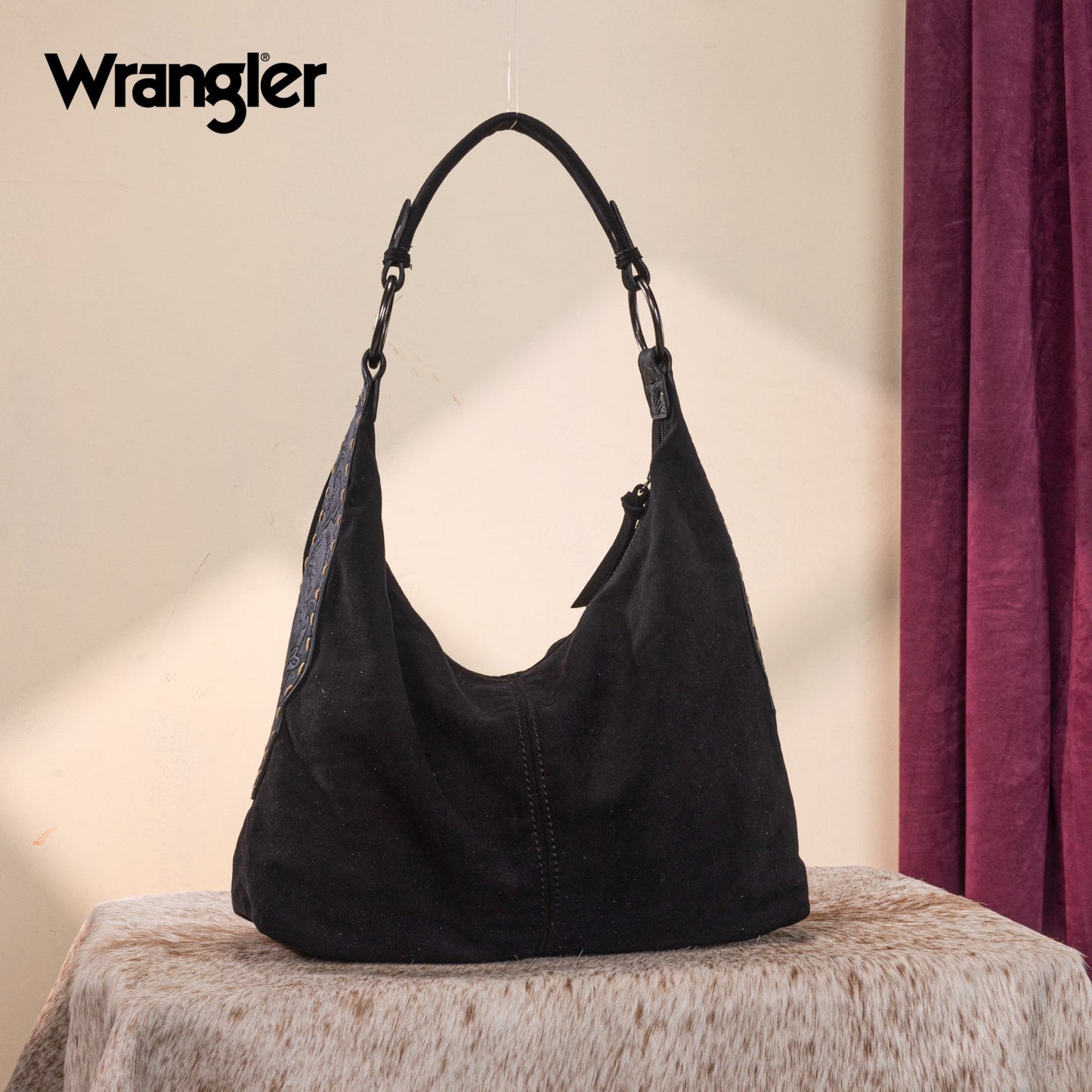 WG276-9182  Wrangler Floral Tooled Hobo Bag with Pouch-Black