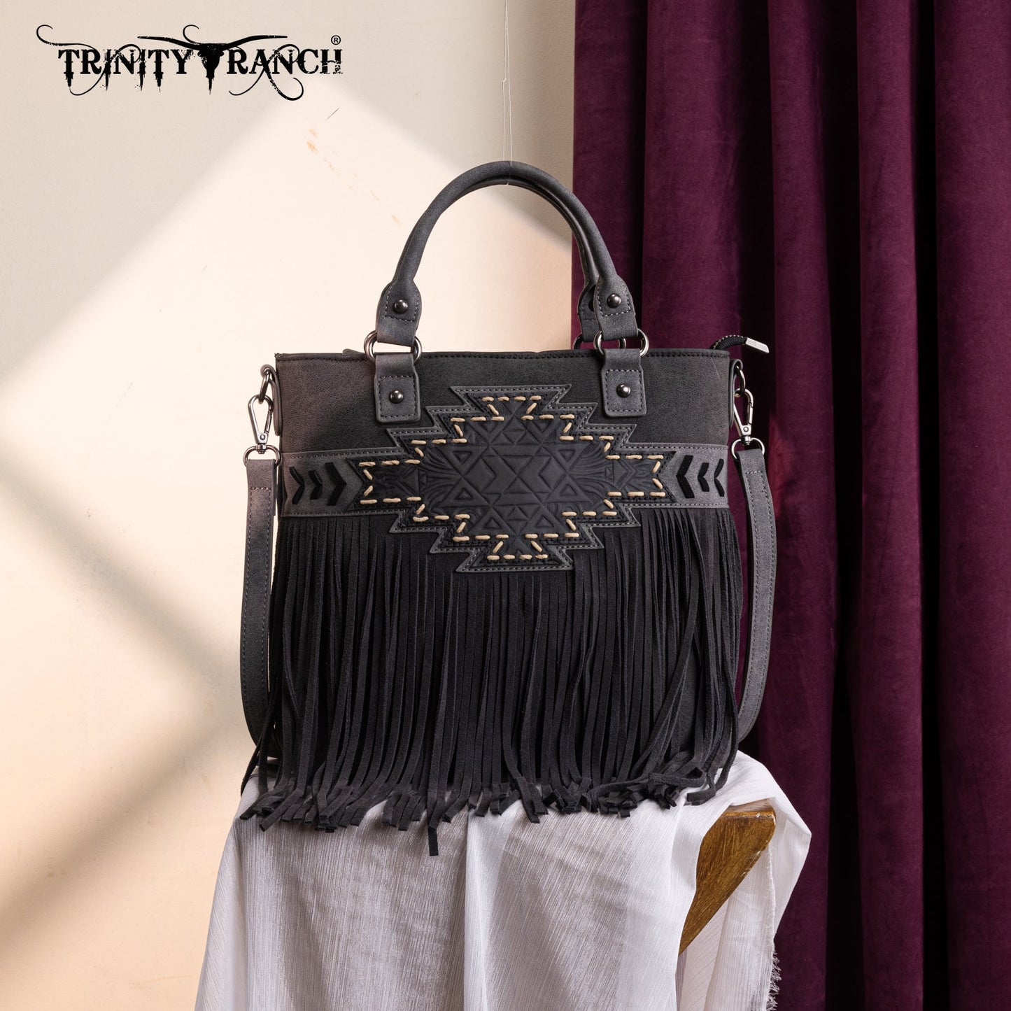 TR196G-8260  Trinity Ranch  Aztec Tooled Fringe Concealed Carry Tote/Crossbody