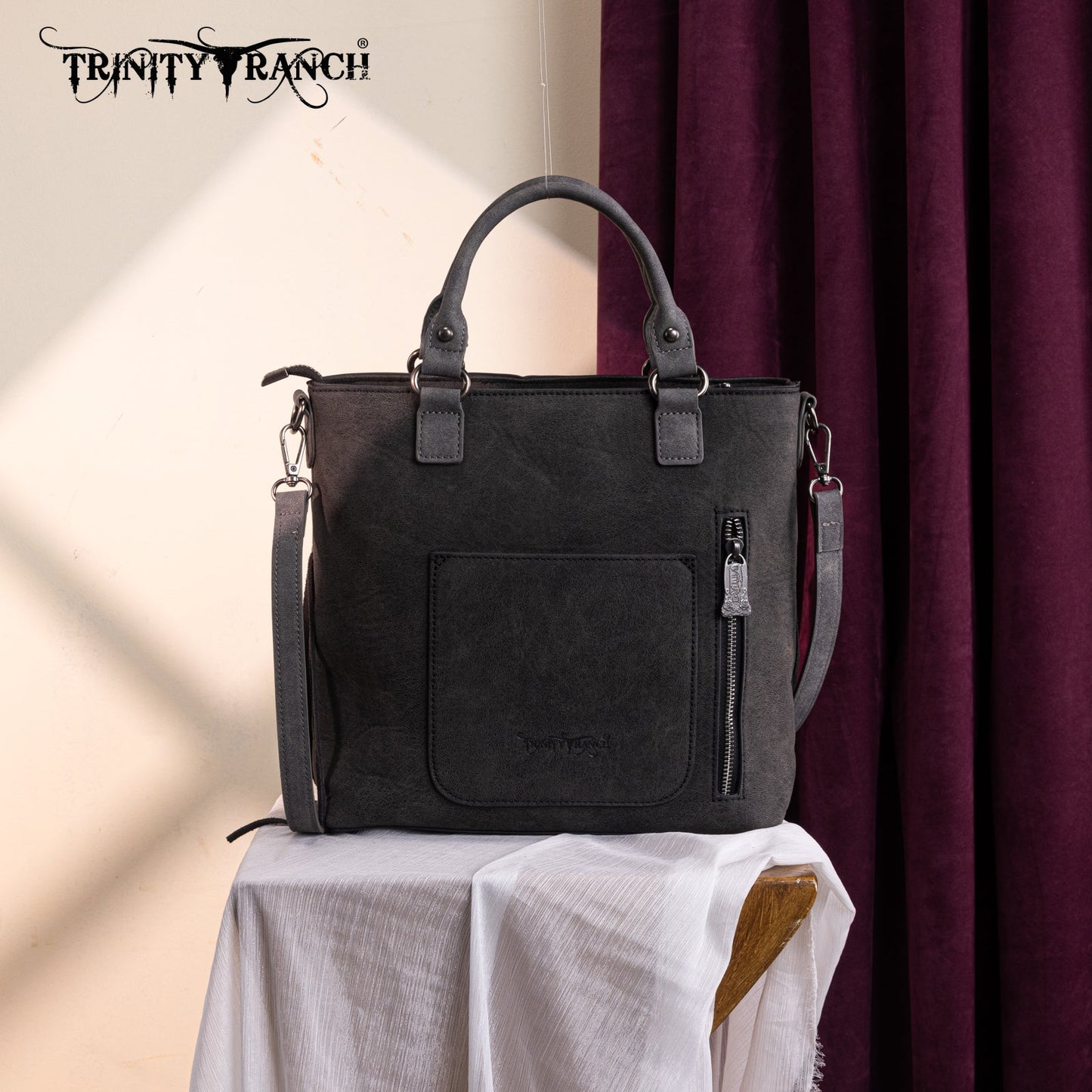 TR196G-8260  Trinity Ranch  Aztec Tooled Fringe Concealed Carry Tote/Crossbody