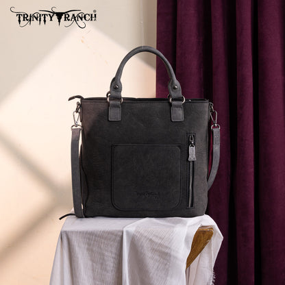 TR196G-8260  Trinity Ranch  Aztec Tooled Fringe Concealed Carry Tote/Crossbody