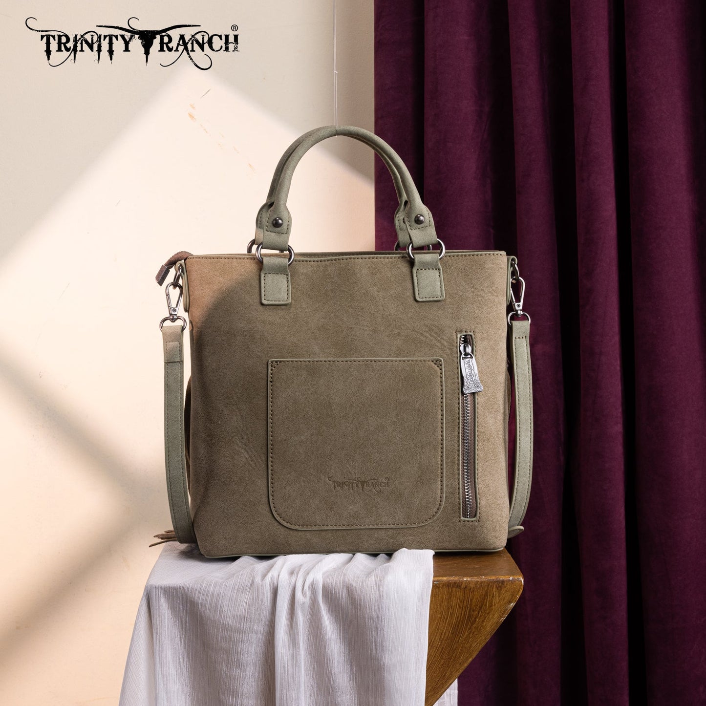 TR196G-8260  Trinity Ranch  Aztec Tooled Fringe Concealed Carry Tote/Crossbody