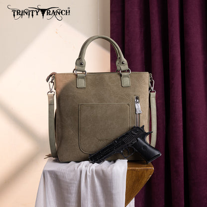 TR196G-8260  Trinity Ranch  Aztec Tooled Fringe Concealed Carry Tote/Crossbody